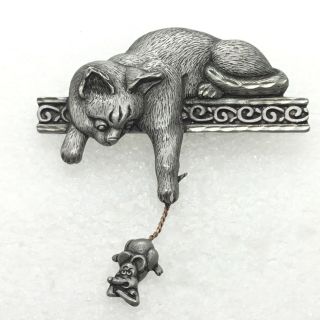 Signed Jj Vintage Cat Playing With Mouse Brooch Pin Pewter Costume Jewelry