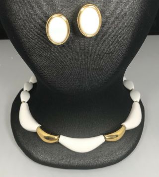 Vintage Trifari Necklace And Earring Set,  Straight Back White & Goldtone