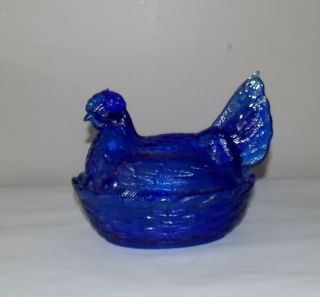 Vintage Cobalt Blue Chicken " Hen On Nest " Covered Dish.  5 " Tall To Top Of Tail.