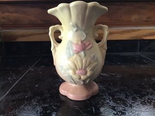 Hull Usa Art Pottery Matte Double Handle Vase Vintage Yellow And Pink