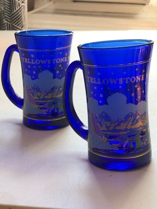Vintage Yellowstone National Park Glass Mugs Blue And Gold Paint Set Of 2