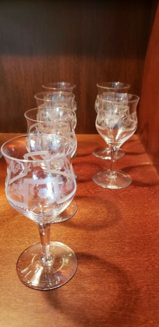 Set Of 6 Vintage Etched Crystal Aperitif Glasses Flowers And Geometric Design