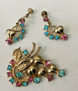 Vintage Aqua And Pink Rhinestone Leaf Pin And Earrings Set