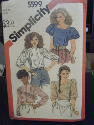 Vintage Simplicity 5599 Misses Set Of Blouses Pattern - Size 12 Bust 32 1/2