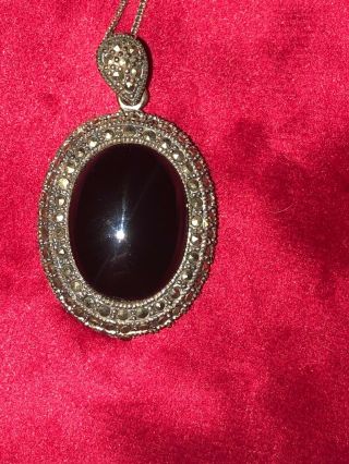 Vintage Sterling Silver 925 Marcasite And Onyx Enamel Oval Pendant