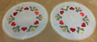 Two Vintage Round Doilies,  Embroidered Hearts,  Bells,  Evergreen,  Ecru,  Red,  Gold