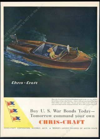 1944 Chris Craft Mahogany Runabout Boat Woman Pilot Art Vintage Print Ad