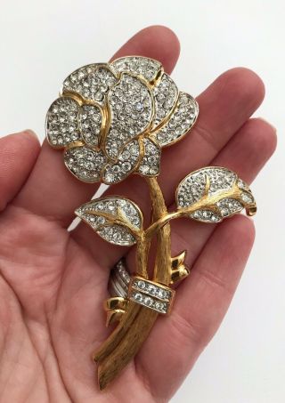 Vintage Signed Nolan Miller Gold Tone Pave Silver Rhinestone Flower Brooch Pin