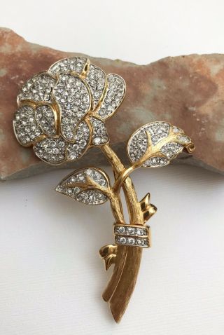 Vintage Signed Nolan Miller Gold Tone Pave Silver Rhinestone Flower Brooch Pin 2