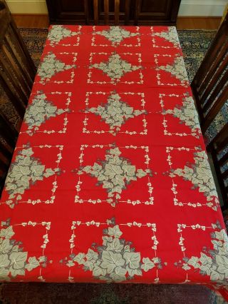 Vintage Calaprint Tablecloth Mid Century 53 " W X 80 " L Red With Grey Ivy