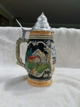 Vintage German Beer Stein,  Ornate Pewter Lid,  And Traditional
