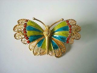 Vintage Gold Tone Filigree Butterfly Pin Brooch With Colorful Enamel