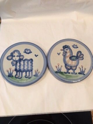 Two Vintage M.  A.  (mary Alice) Hadley Trivet/wall Plaques Sheep And Chicken