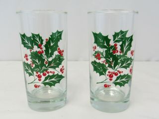 Vintage 1960 Set Of 2 Christmas Holly And Berries Glass Tumbler Cups
