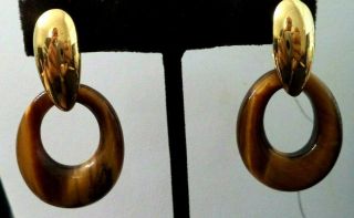 Stunning Vintage Estate Gold Tone Tigers Eye Stone 1 3/4 " Clip Earrings 5415g