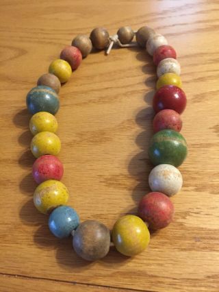 24 Large Multi - Colored Vintage Wooden Beads On A Shoe Lace - 1940 