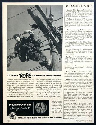 1951 Telephone & Power Lineman Photo Plymouth Stormline Rope Vintage Print Ad