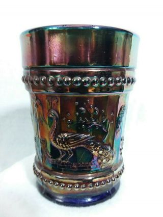 Vintage Peacock At The Fountain Carnival Glass Blue Tumbler - Unmarked Northwood