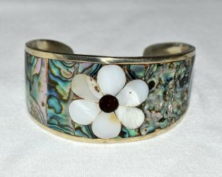 Vintage Mexico Alpaca Silver And Abalone Mother Of Pearl Flower Cuff Bracelet