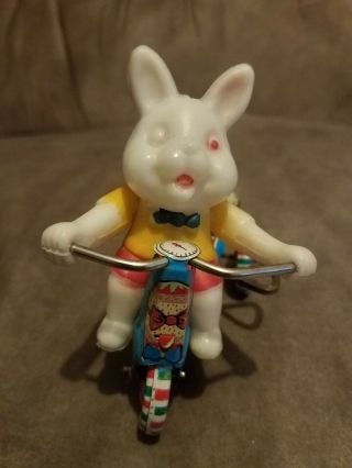 Vintage Japan Wind Up Rabbit On Tricycle Easter Tin Toys