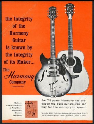 1965 Harmony Electric And Acoustic Guitar Photo Vintage Print Ad