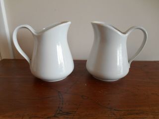 2 Vintage White Ironstone Ceramic Pitchers 6 - 1/2 " Unmarked