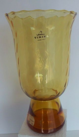 Viking Glass Amber Color Vase.  8 1/2 " Tall Still Has Stickers Vintage Perfect
