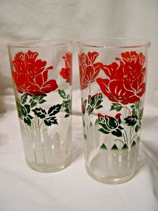 Vintage Kitchen Set Of 2 Drinking Glass Tumblers Red Flowers White Picket Fence
