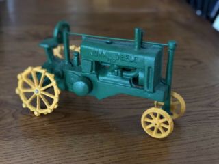Vintage Green Yellow Cast Iron John Deere Toy Tractor