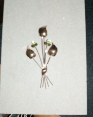 Vintage sterling by Jordan flower pin brooch green stones copper color 3 3/4 