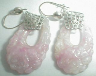 Vintage Pink Chinese Hand Carved Jade And Sterling Silver Earrings