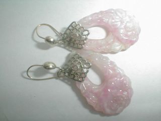 VINTAGE PINK CHINESE hand carved JADE and STERLING SILVER EARRINGS 2
