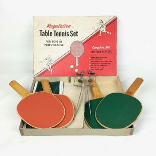 Vintage Regulation Ping Pong Table Tennis Paddle Set 4 Paddles Net Clamps Box