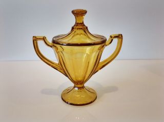 Vintage Glass Sugar Bowl Amber Golden Yellow