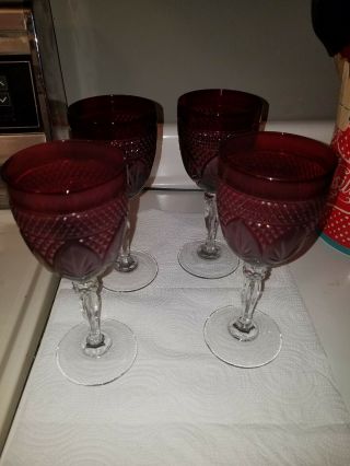 Vintage Luminarc Crystal Tall Ruby Red W/ Clear Twist Stem Wine Glasses,  (4)