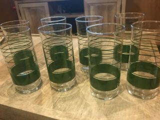 Vintage Libbey Green Stripe Ring Glass Drinking Tumblers Set Of 8
