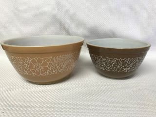 Vintage Pyrex Brown And Tan Woodland Mixing/nesting Bowls,  Set Of 2