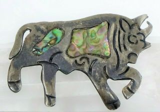 Vintage Old Taxco Mexico Abalone Inlay Bull,  Toro Sterling Silver Pin Brooch