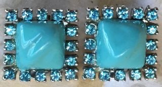 Vintage Square Turquoise Aqua Blue Thermoset & Glass Rhinestone Earrings Clip On