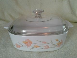 Vintage Corning Ware Peach Floral 2 Liter Casserole Dish With Lid