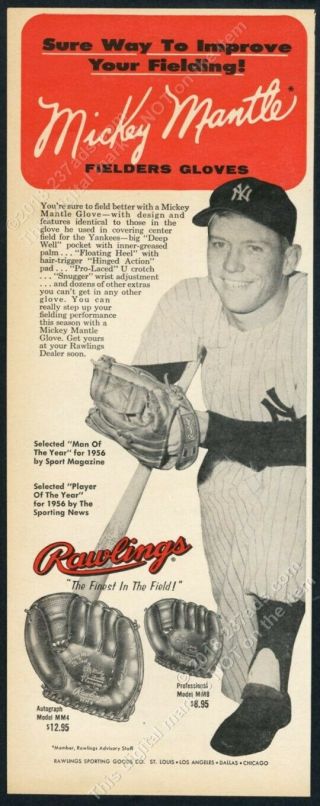 1957 Mickey Mantle Photo Rawlings Baseball Glove Mm4 Mm8 Vintage Print Ad