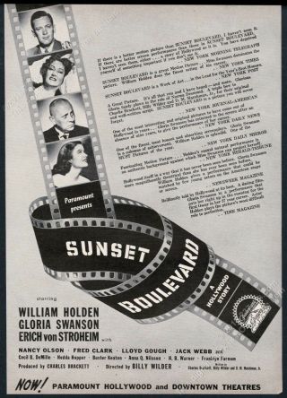1950 Sunset Boulevard Movie Release Main Cast Photo Unusual Vintage Trade Ad