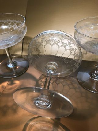 Vintage Art Deco Set Of 3 Crystal Flower Etched Champagne Glass