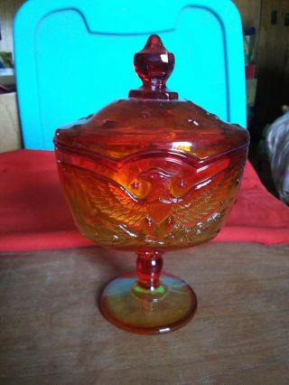 Vintage Lidded Candy Dish Lid Le Smith Glass Amberina American Eagle & Stars