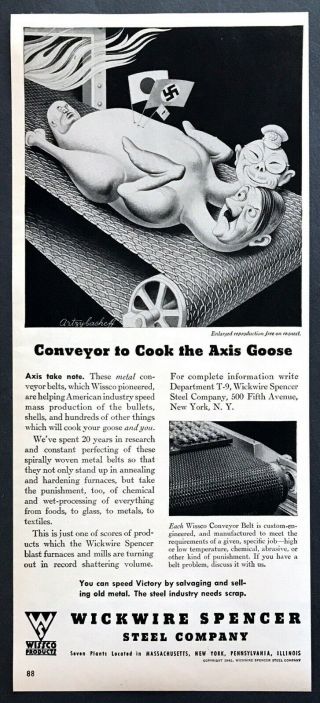 1942 Adolph Hitler Tojo Goose Oven Conveyor Belt Wickwire Steel Vintage Print Ad