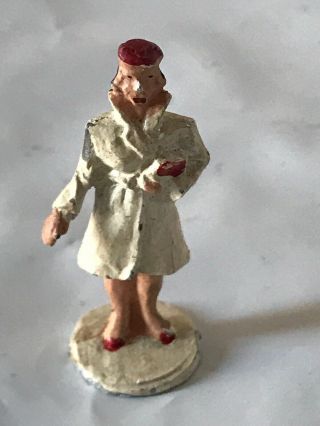 Vintage Barclay Manoil ? Lead Figure Women In White Coat For Trains 1 1/2 "