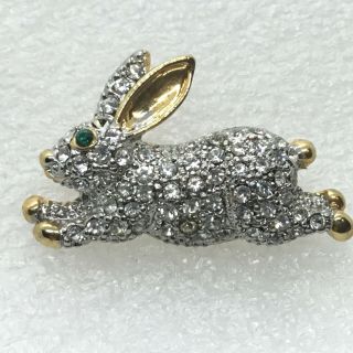 Vintage Bunny Rabbit Brooch Pin Clear Glass Pave Rhinestone Gold Tone Jewelry
