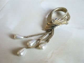 Vintage Gold Tone Faux Pearl Dangle Pin Brooch