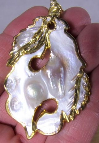 Vintage Artisan Gold Dipped Mother Pearl Blister Modernist Pendant Necklace