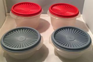 4 Vintage Tupperware Servalier Bowls W/ Red & Blue Seals - 10 & 20 Oz Bowls